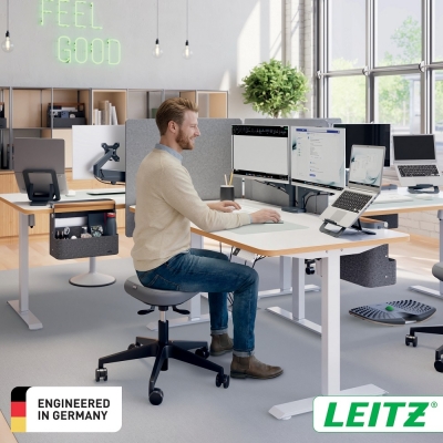 Cutie portabila cu organizator Leitz, material textil rezistent termic, cu maner si suport prindere pe birou, gri